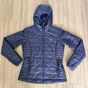 Patagonia Nano Puff Hooded Jacket Womens Navy Blue Puffer Hoody Coat Great Cond